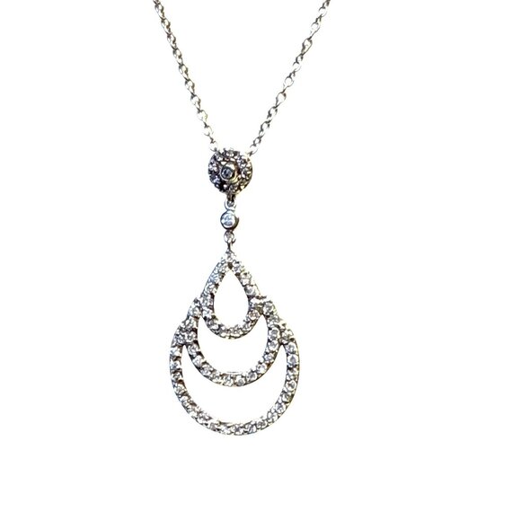 Sterling Silver 925 Teardrop Rhinestone Pendant Necklace Dainty Vintage Look - Picture 1 of 8